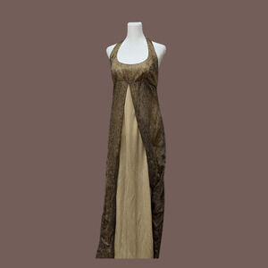Morgan and Co Maxi Dress | Brown Metallic Halter | Size 9/10 | Vintage